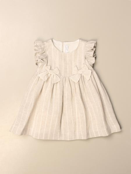 Il Gufo wide dress in pinstripe linen with bows
