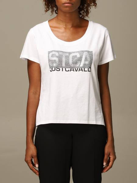 Just Cavalli Outlet T Shirt With Big Rhinestone Logo White T Shirt