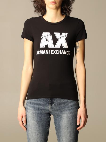 ARMANI EXCHANGE: Half sleeve round neck with rhinestone logo - Black ...