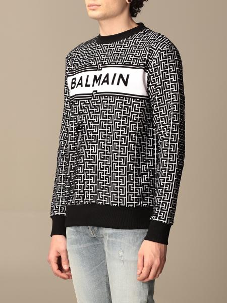 BALMAIN: crewneck sweater in with all-over monogram - Black | Sweater ...