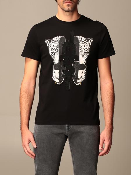 JUST CAVALLI: T-shirt with tiger print and rhinestone logo - Black ...