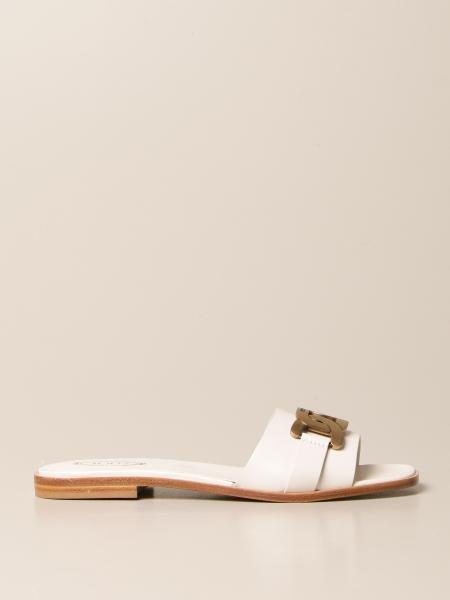 TOD'S: slides in leather with chain detail - White | Tod's flat sandals ...