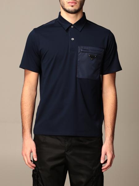 PRADA: cotton piqué polo shirt with nylon pocket - Black | Prada