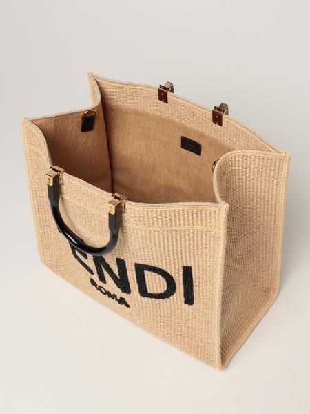 FENDI: Sunshine bag in woven straw with big Roma logo - Natural | Tote ...
