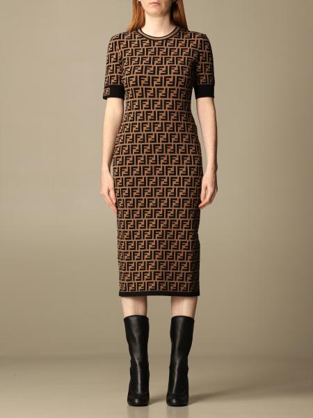 FENDI: dress with all-over FF monogram - Tobacco | Fendi dress FZD753 ...