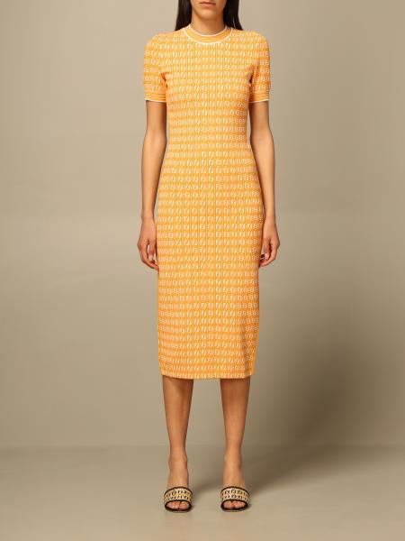 FENDI: midi dress with all-over monogram - Yellow Cream | Fendi dress ...