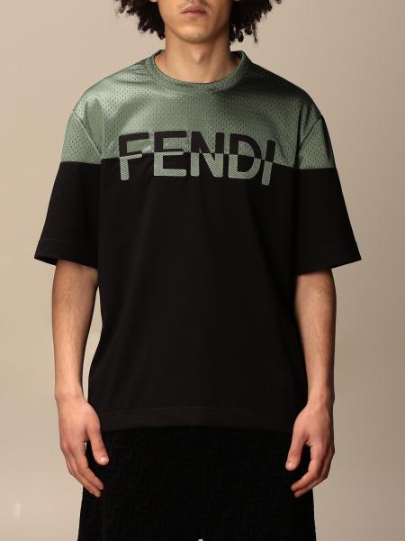 FENDI: cotton and mesh T-shirt with big logo - Black | Fendi t-shirt ...