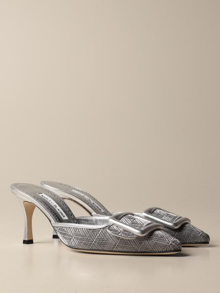 silver high heel mules