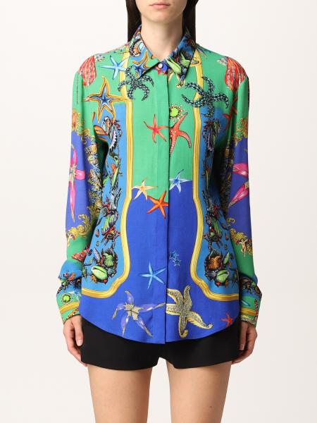 VERSACE: shirt in marine patterned silk - Gnawed Blue | Versace shirt ...