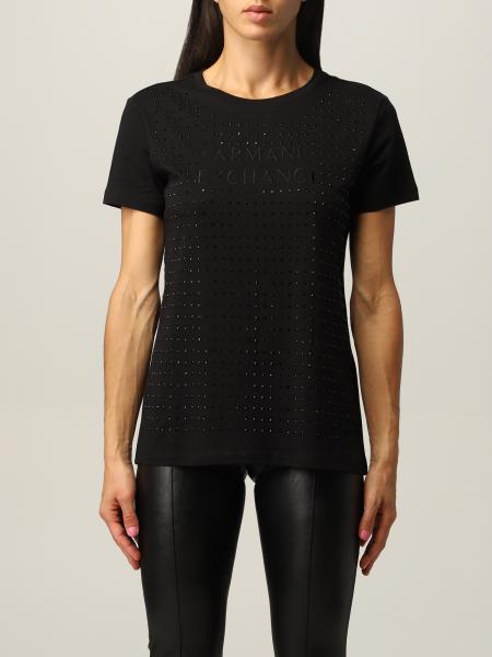 Armani Exchange women: Armani Exchange T-shirt in cotton jersey with logo and micro studs
