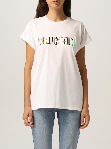 Balmain donna: T-shirt Balmain in cotone con logo laminato