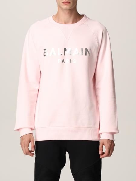 BALMAIN: cotton sweatshirt with laminated logo - Pink | Balmain ...