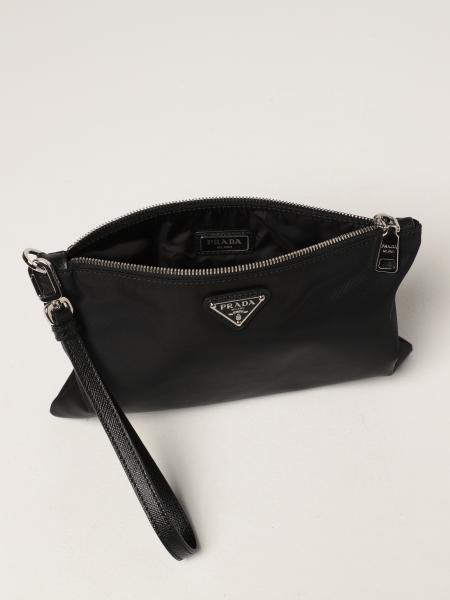 PRADA: nylon clutch with triangular logo - Black | Prada briefcase ...