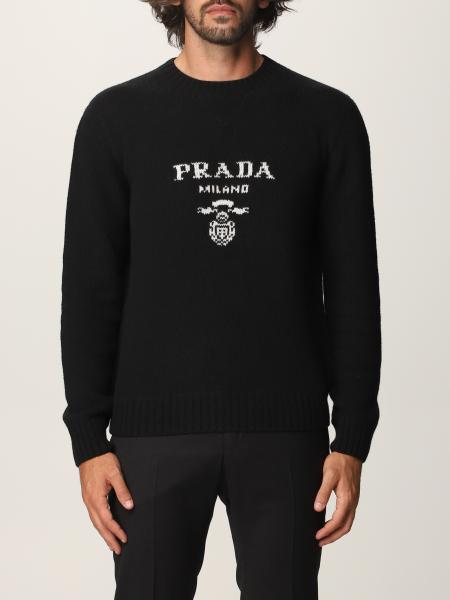 PRADA: wool and cashmere sweater with logo - Black | Prada sweater ...