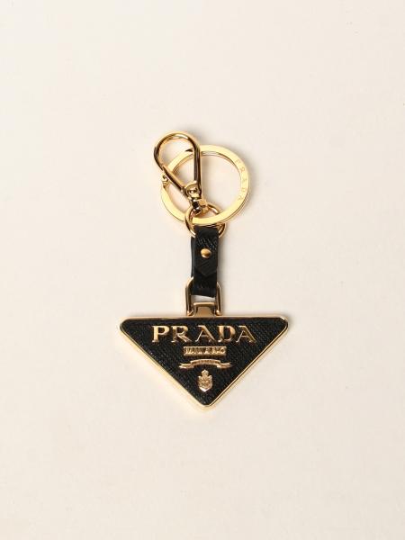 PRADA: triangular key ring in metal and saffiano leather - Black ...