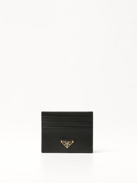 PRADA: credit card holder in saffiano leather - Black | Prada wallet ...