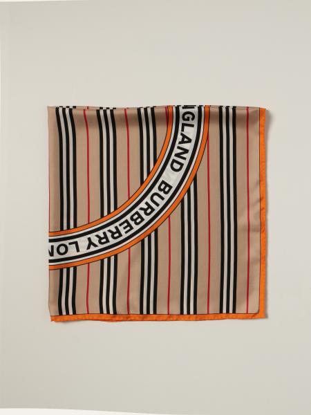 BURBERRY: striped silk foulard with logo graphics - Beige | Burberry ...