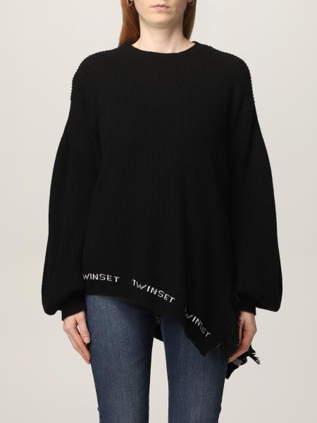 TWINSET: Twin-set oversized sweater in wool blend with logo - Black ...