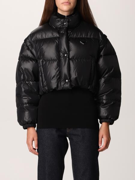 PRADA: down jacket in cropped nylon - Black | Prada jacket 291805 1IE0