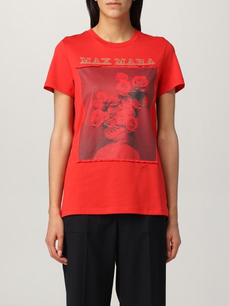 Max Mara women: Red Max Mara cotton t-shirt with flower print