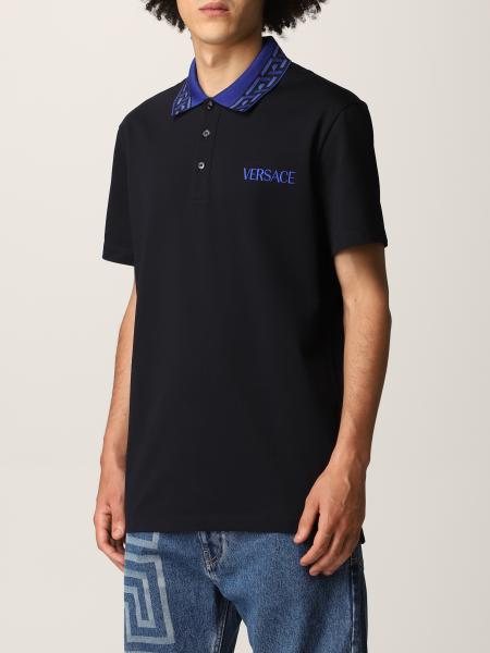 VERSACE: cotton pique polo shirt with embroidered logo - Blue | Versace ...