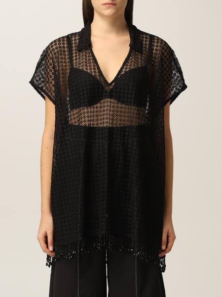 Ganni: Ganni top in transparent embroidered mesh with micro beads