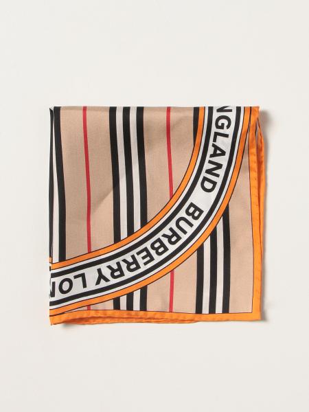 Burberry 真丝方巾，带有图形、Logo和条纹图案