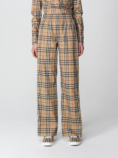 Burberry donna: Pantalone Burberry in cotone stretch con motivo check e bande laterali