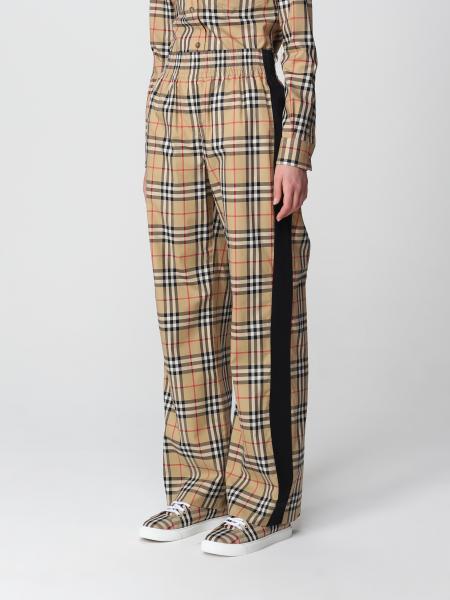 BURBERRY: stretch cotton trousers with check pattern and lateral bands ...