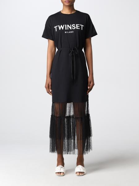 Twinset women: Twinset t-shirt dress in cotton and plumetis tulle
