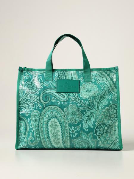 ETRO Milano Paisley Print Coated Canvas and Green Leather Push Lock Satchel  Bag