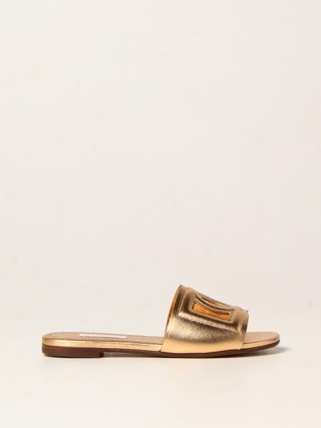 DOLCE & GABBANA: slide sandals in laminated leather - Gold | Dolce & Gabbana  shoes D11032A5439 online on 