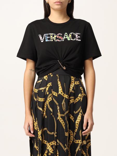 Versace women: Versace cotton blend cropped t-shirt with logo