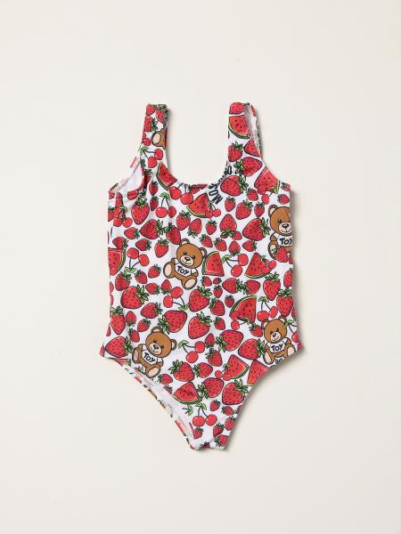 Moschino girls' clothing: Moschino Kid Teddy Bear one-piece swimsuit with Teddy Bear and strawberries print