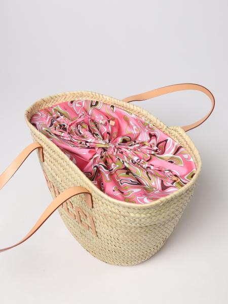 EMILIO PUCCI: woven straw bag with logo - Pink | Tote Bags Emilio Pucci ...