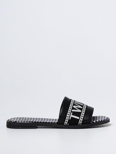 Twinset slide sandals in leather and ribbon