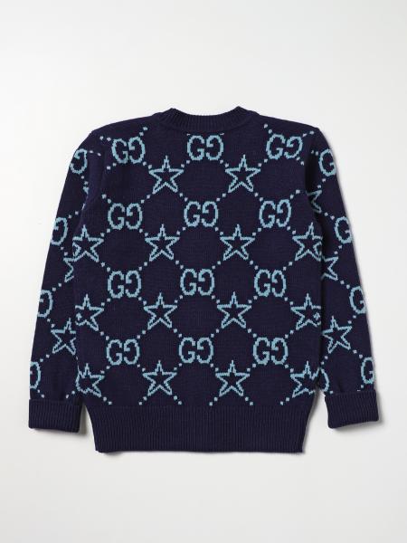 GUCCI: wool cardigan with GG logo and stars all over - Blue | Gucci ...