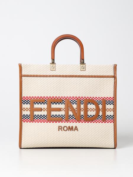 FENDI: Sunshine fabric and leather bag - Beige | Fendi tote bags ...