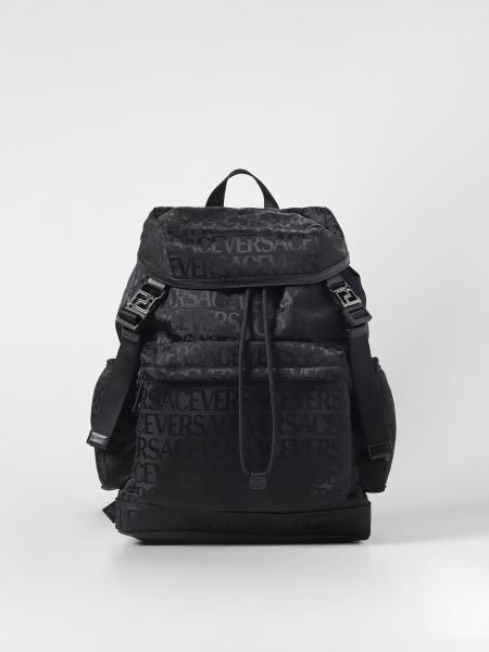 VERSACE: Allover backpack in nylon with jacquard logo pattern - Black ...