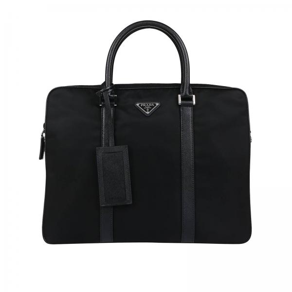 PRADA: work bag in nylon and leather with triangular logo - Black ...