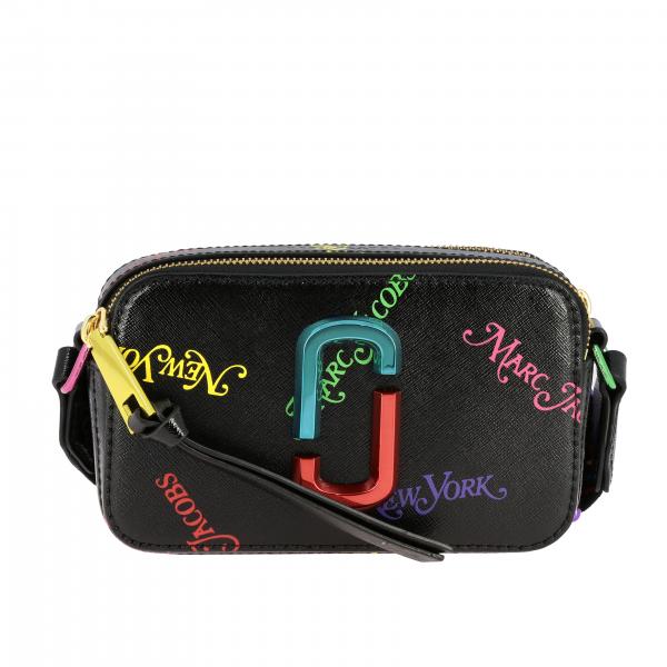 Borsa Snapshot Camera bag in pelle saffiano con graffetta metallica by Marc Jacobs e stampe all over