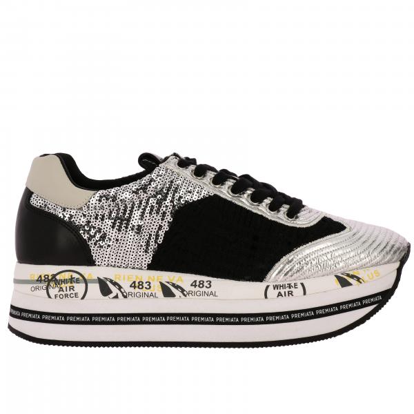 Sneakers Beth Premiata in pelle e paillettes con maxi suola platform