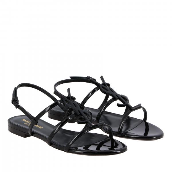 SAINT LAURENT: Sandalia plana en cuero con monograma YSL - Negro | Sandalias  Planas Saint Laurent 552245 0NPVV GIGLIO.COM
