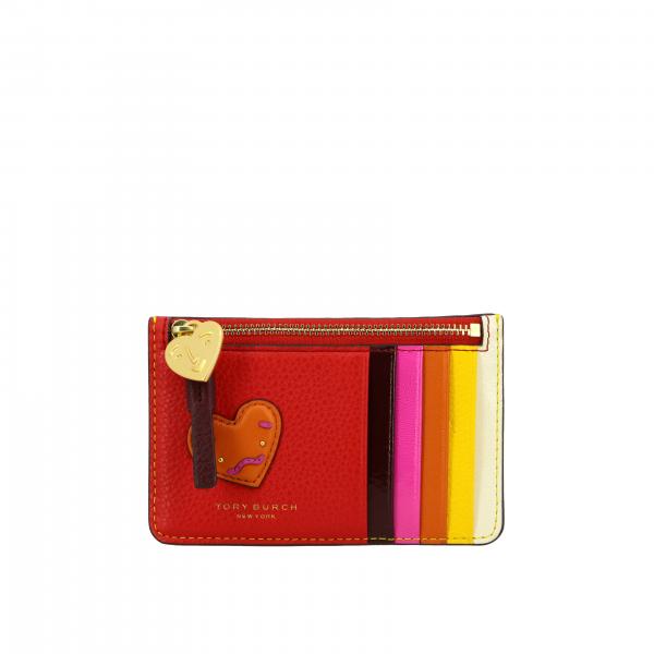 Porta carte di credito Tory Burch in pelle multicolor con patch a forma di cuore
