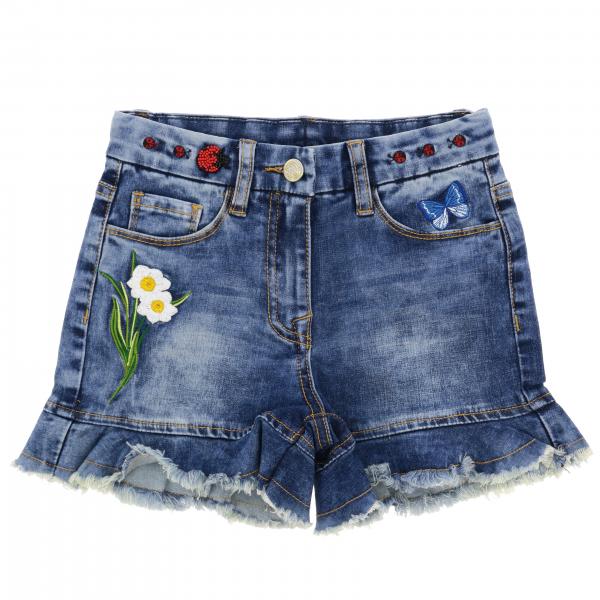 Monnalisa Shorts In Used Denim With Embroidery Denim Monnalisa