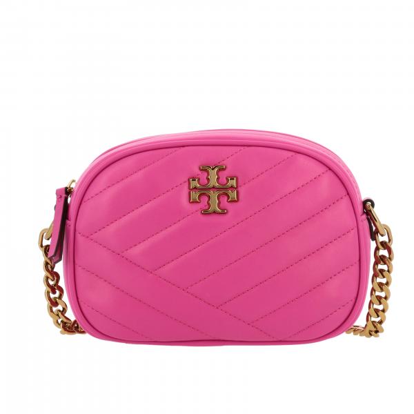 TORY BURCH: shoulder bag in chevron leather with metallic logo - Pink ...