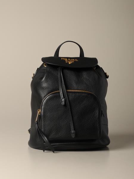 PRADA: backpack in textured leather with metallic logo - Black | Prada  backpack 1BZ035 2BBE online on 