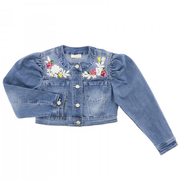 Monnalisa Chic denim jacket in used denim with floral embroidery