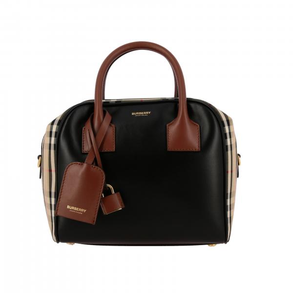 Burberry Outlet bag in smooth leather and check canvas Black