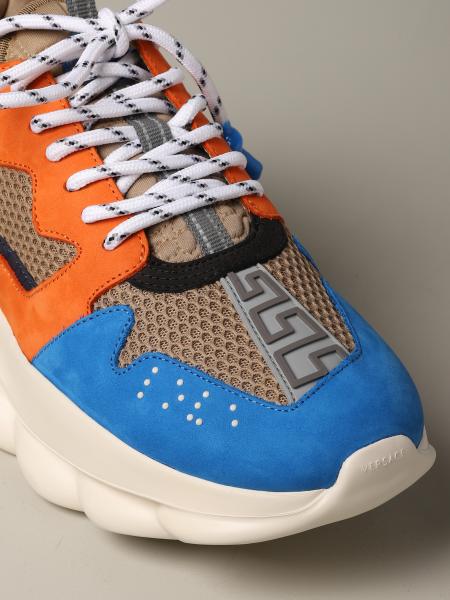 VERSACE: chain Reaction sneakers in nubuck and mesh - Blue | Versace ...